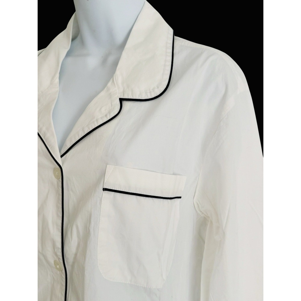 Quince Women Pajama Top Shirt L White Black Piping Organic Cotton Poplin Button - Picture 6 of 10